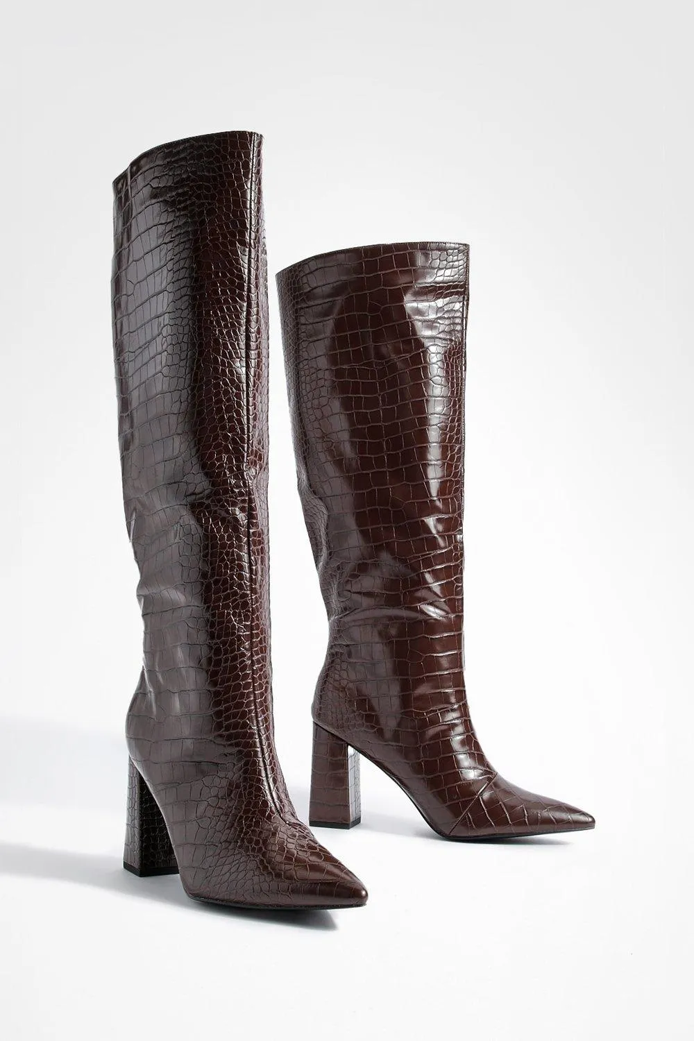 Wide Leg Block Heel Knee High Boots