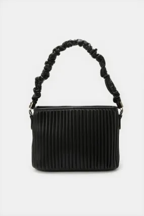 Women Black Pleated Textured Day Bag