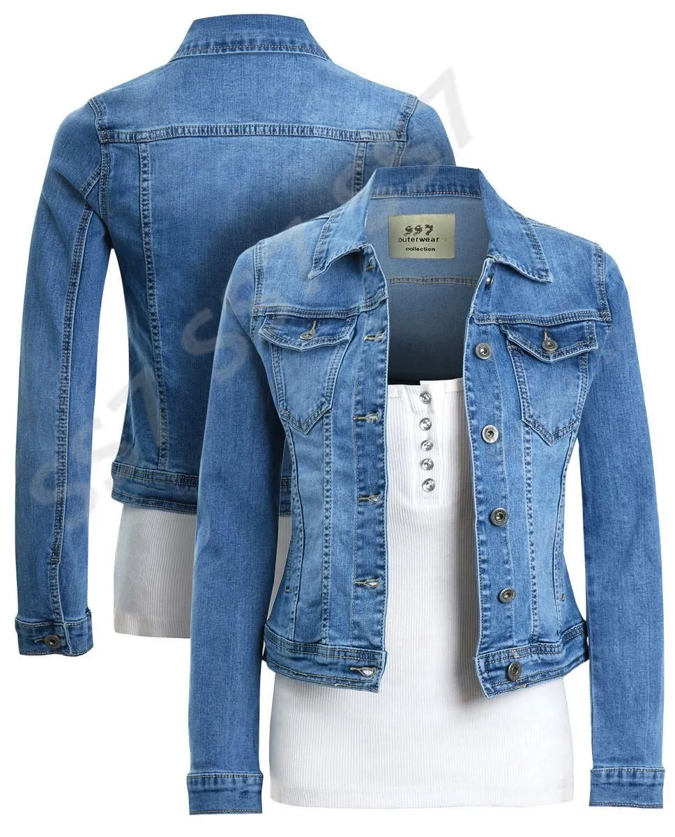 Womens Premium Stretch Fitted Denim Jacket, Denim Blue, Sizes 8 to 16