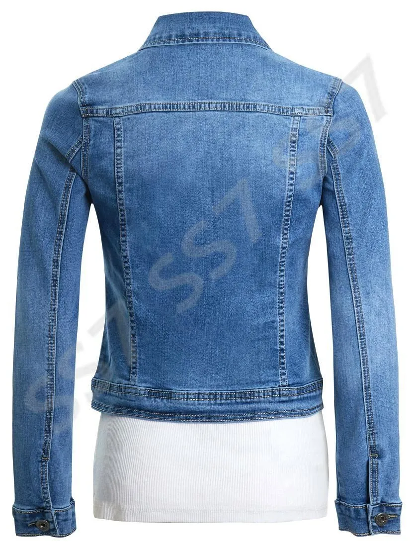 Womens Premium Stretch Fitted Denim Jacket, Denim Blue, Sizes 8 to 16