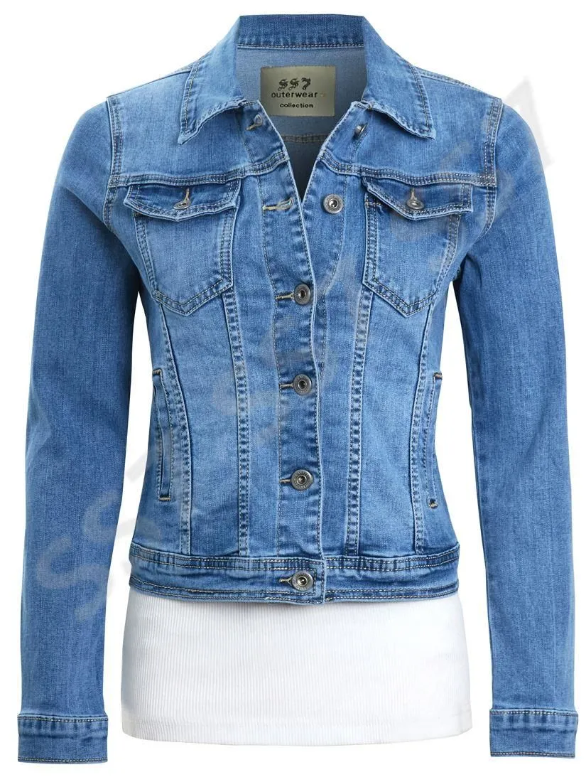 Womens Premium Stretch Fitted Denim Jacket, Denim Blue, Sizes 8 to 16