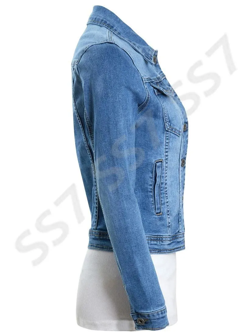 Womens Premium Stretch Fitted Denim Jacket, Denim Blue, Sizes 8 to 16