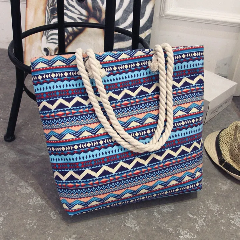 Women's Summer Canvas Bohemian Style Striped Beach Shoulder Bag