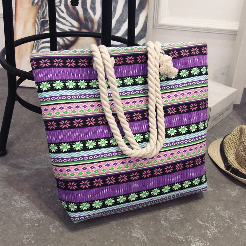 Women's Summer Canvas Bohemian Style Striped Beach Shoulder Bag