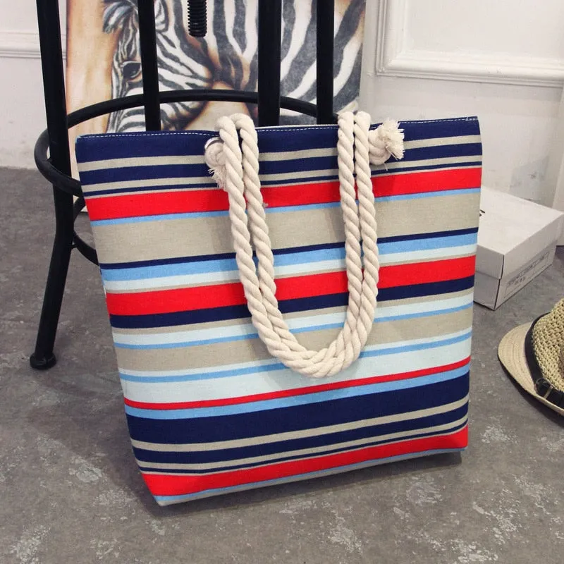 Women's Summer Canvas Bohemian Style Striped Beach Shoulder Bag