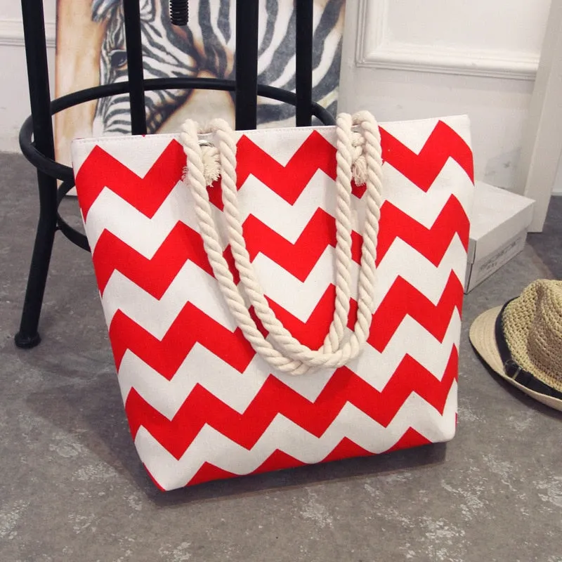 Women's Summer Canvas Bohemian Style Striped Beach Shoulder Bag