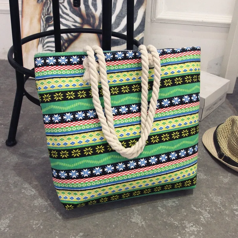 Women's Summer Canvas Bohemian Style Striped Beach Shoulder Bag