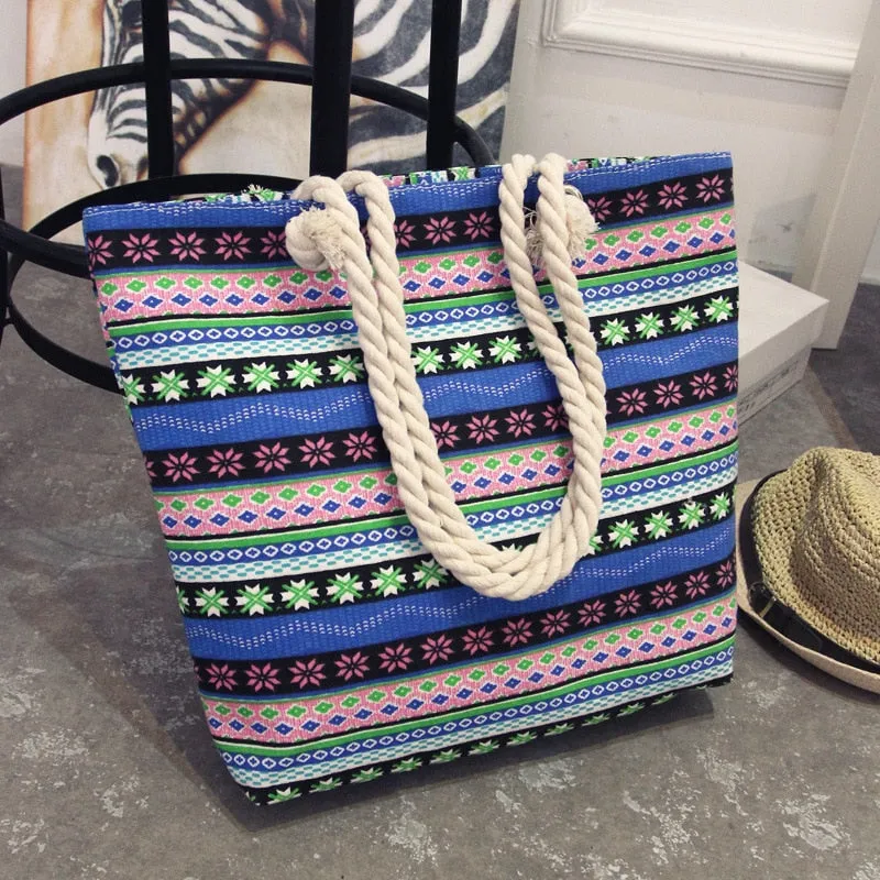 Women's Summer Canvas Bohemian Style Striped Beach Shoulder Bag