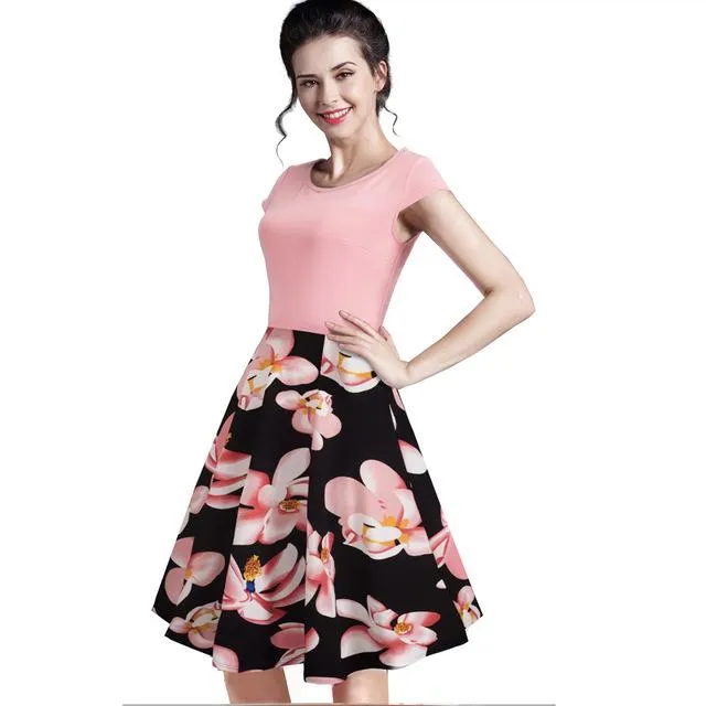 Women's Summer Sleeveless O Neck Floral Printed Dress with Zipper Work