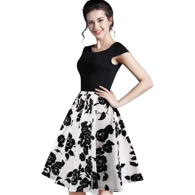 Women's Summer Sleeveless O Neck Floral Printed Dress with Zipper Work