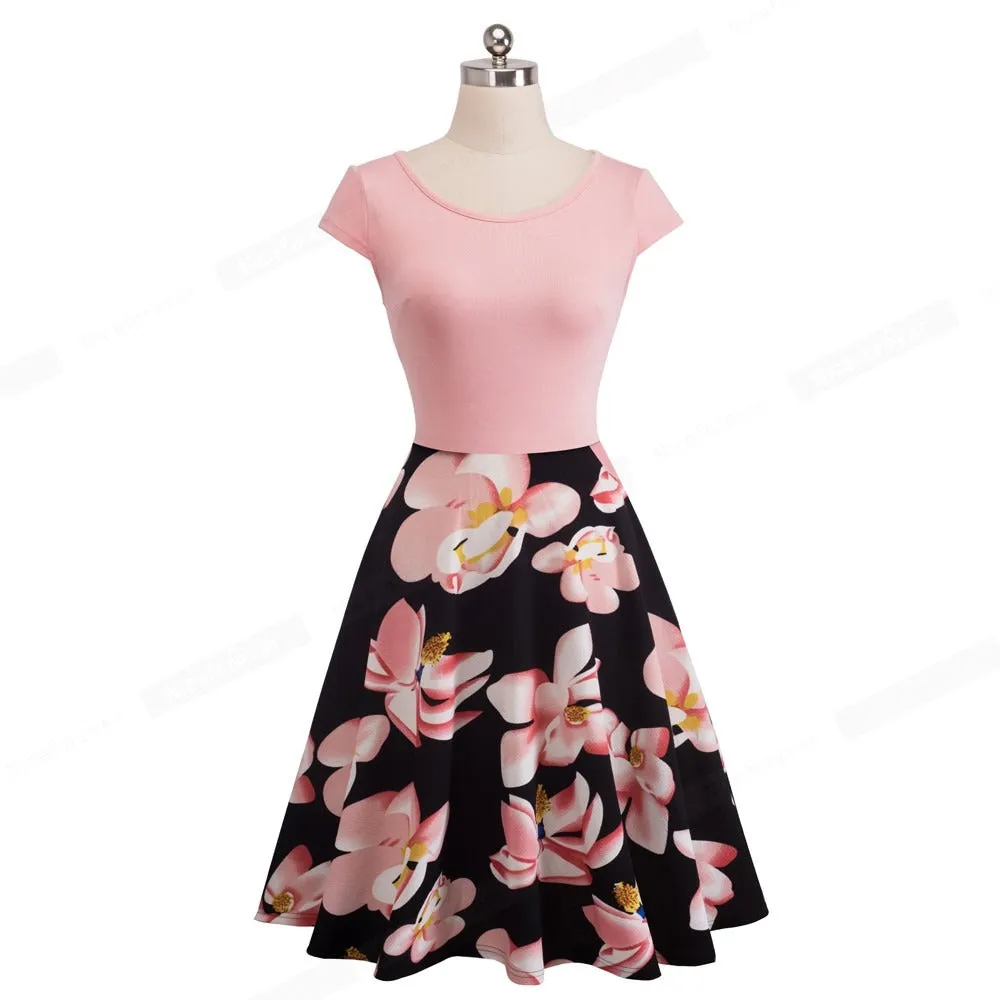 Women's Summer Sleeveless O Neck Floral Printed Dress with Zipper Work