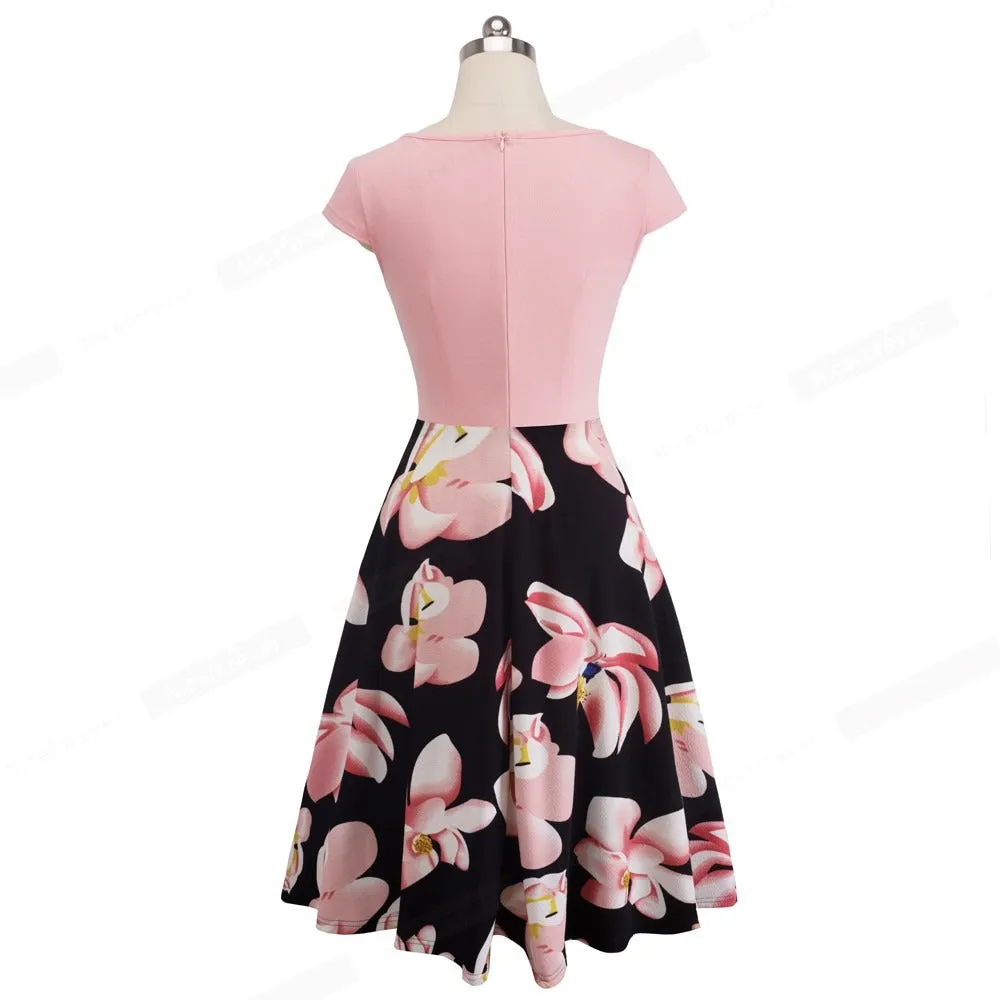 Women's Summer Sleeveless O Neck Floral Printed Dress with Zipper Work